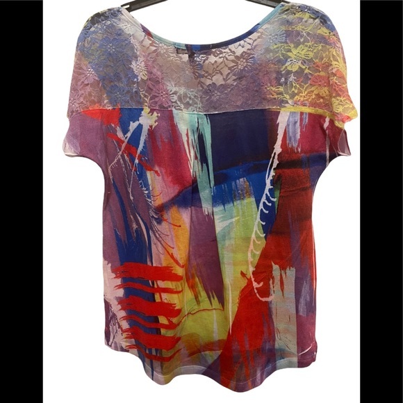 B.L.E.U. Multi Colored High-Low Top With Lace Size Small - Picture 5 of 5
